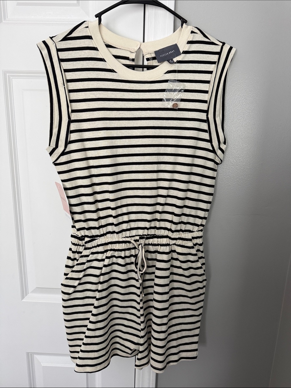Velvet Heart Black and Cream Striped Sleeveless Drawstring Romper